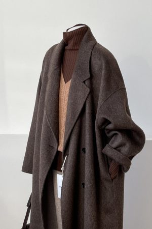 Reversible Coffee-Colored Cashmere Coat for Women - Mid-Length Korean Style Woolen Coat for Autumn/Winter 2024
