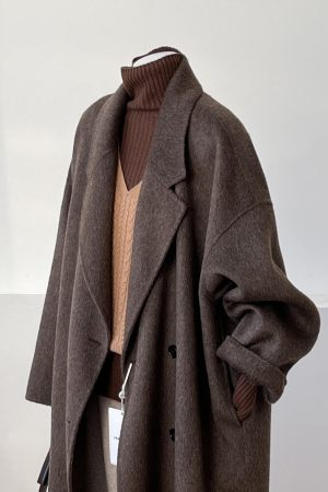 Reversible Coffee-Colored Cashmere Coat for Women - Mid-Length Korean Style Woolen Coat for Autumn/Winter 2024