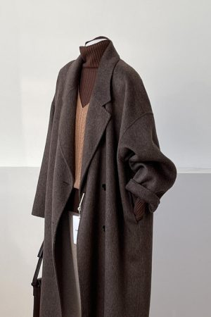 Reversible Coffee-Colored Cashmere Coat for Women - Mid-Length Korean Style Woolen Coat for Autumn/Winter 2024