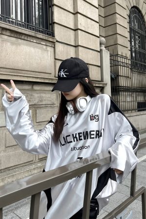 Reversible Vintage Satin Silver Sports Jersey Long Sleeve T-Shirt for Couples - Unisex Trendy 90s Style