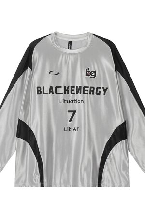 Reversible Vintage Satin Silver Sports Jersey Long Sleeve T-Shirt for Couples - Unisex Trendy 90s Style