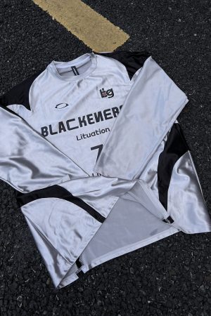 Reversible Vintage Satin Silver Sports Jersey Long Sleeve T-Shirt for Couples - Unisex Trendy 90s Style