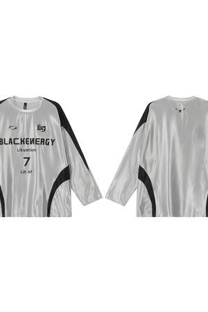Reversible Vintage Satin Silver Sports Jersey Long Sleeve T-Shirt for Couples - Unisex Trendy 90s Style