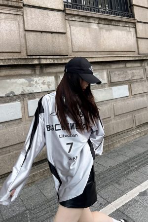 Reversible Vintage Satin Silver Sports Jersey Long Sleeve T-Shirt for Couples - Unisex Trendy 90s Style