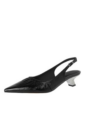 Rhinestone Chunky Heel 5CM Pointed Toe Pleated High-Heeled Sandals in Genuine Leather - Elegant Closed-Toe Design