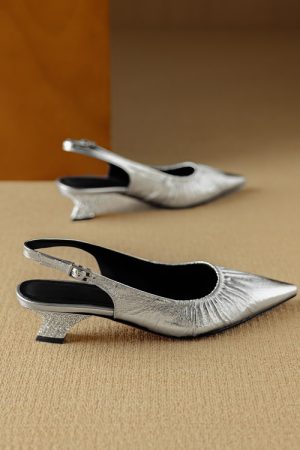 Rhinestone Chunky Heel 5CM Pointed Toe Pleated High-Heeled Sandals in Genuine Leather - Elegant Closed-Toe Design