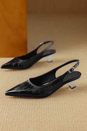 Rhinestone Chunky Heel 5CM Pointed Toe Pleated High-Heeled Sandals in Genuine Leather - Elegant Closed-Toe Design
