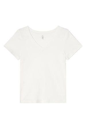 Ribbed V-Neck Fitted Short Sleeve Women's T-Shirt - Slim Solid Color Top for Summer 2025, Casual Chic Style