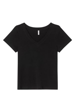 Ribbed V-Neck Fitted Short Sleeve Women's T-Shirt - Slim Solid Color Top for Summer 2025, Casual Chic Style