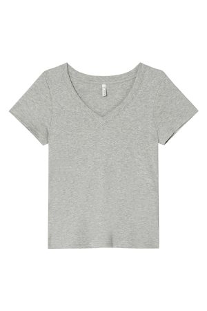 Ribbed V-Neck Fitted Short Sleeve Women's T-Shirt - Slim Solid Color Top for Summer 2025, Casual Chic Style
