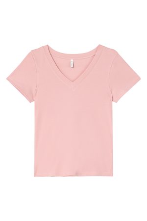 Ribbed V-Neck Fitted Short Sleeve Women's T-Shirt - Slim Solid Color Top for Summer 2025, Casual Chic Style