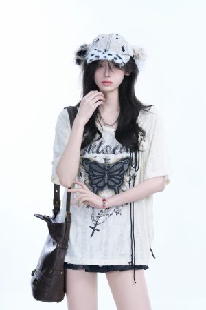 Ripped Butterfly Short Sleeve T-Shirt for Women - Off-Shoulder Spicy Girl Trendy Y2K American High Street Style