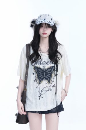 Ripped Butterfly Short Sleeve T-Shirt for Women - Off-Shoulder Spicy Girl Trendy Y2K American High Street Style