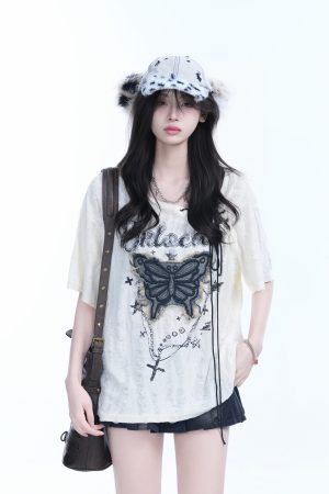 Ripped Butterfly Short Sleeve T-Shirt for Women - Off-Shoulder Spicy Girl Trendy Y2K American High Street Style
