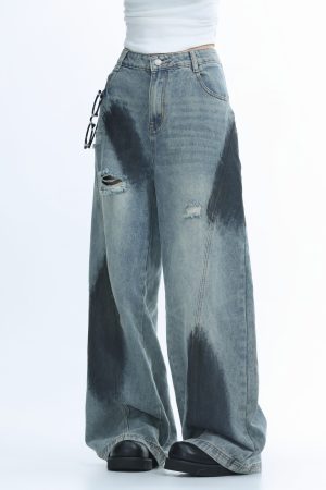 Ripped Graffiti Wide-Leg Jeans for Women - American High Street Straight Loose Floor-Length Pants
