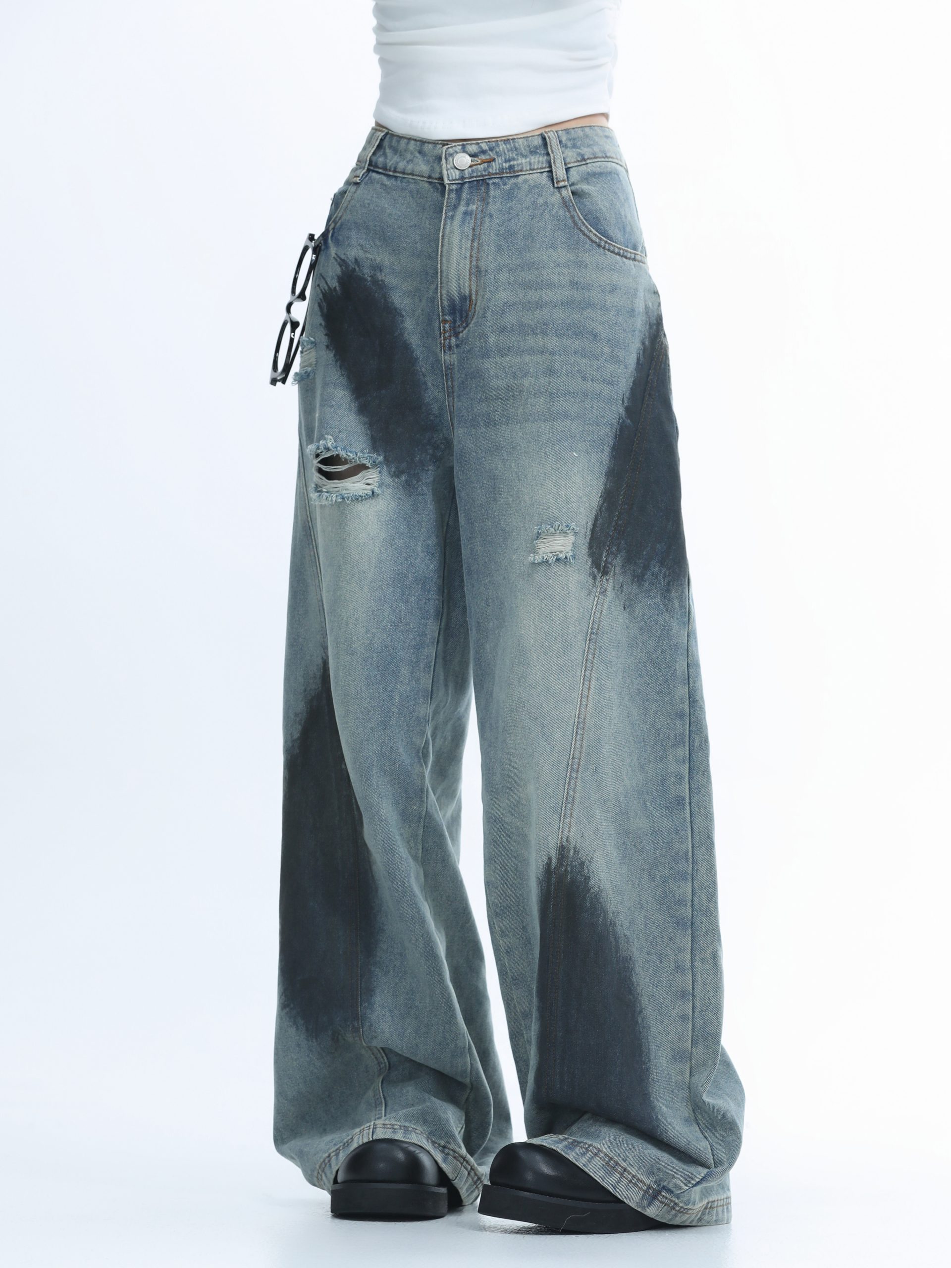 Ripped Graffiti Wide-Leg Jeans for Women - American High Street Straight Loose Floor-Length Pants Ripped Graffiti Wide-Leg Jeans for Women - American High Street Straight Loose Floor-Length Pants