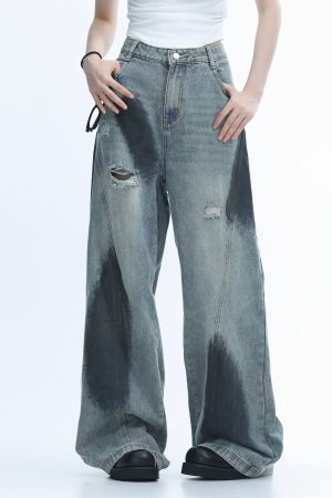 Ripped Graffiti Wide-Leg Jeans for Women - American High Street Straight Loose Floor-Length Pants