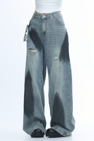 Ripped Graffiti Wide-Leg Jeans for Women - American High Street Straight Loose Floor-Length Pants
