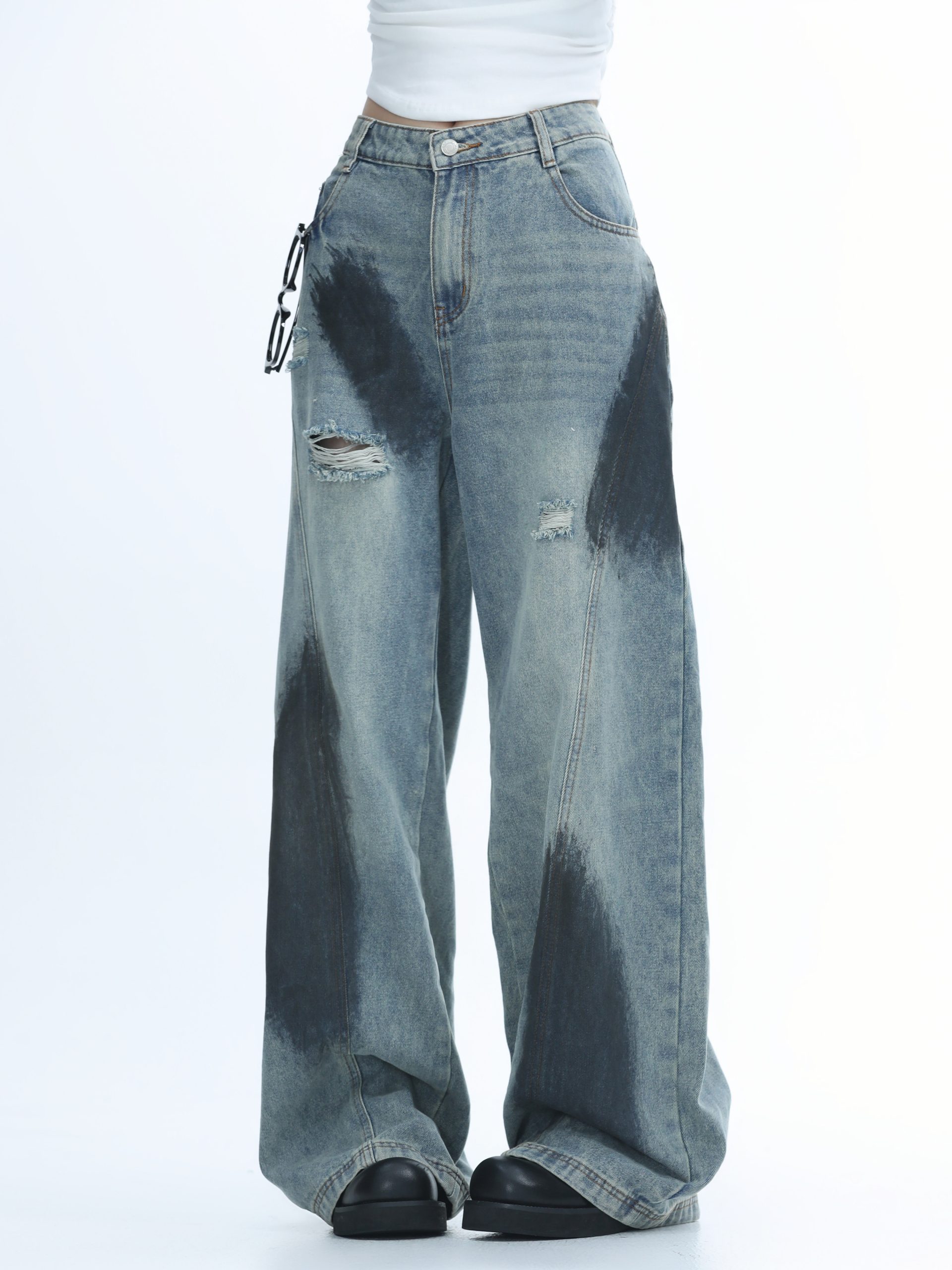 Ripped Graffiti Wide-Leg Jeans for Women - American High Street Straight Loose Floor-Length Pants Ripped Graffiti Wide-Leg Jeans for Women - American High Street Straight Loose Floor-Length Pants
