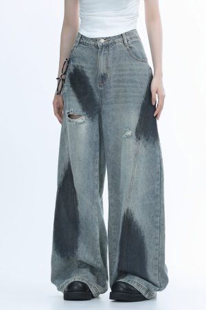 Ripped Graffiti Wide-Leg Jeans for Women - American High Street Straight Loose Floor-Length Pants