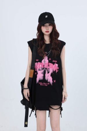 Ripped Star Necklace Sleeveless T-Shirt for Women - American High Street Hip-Hop Style, Loose Fit, Trendy Casual Top