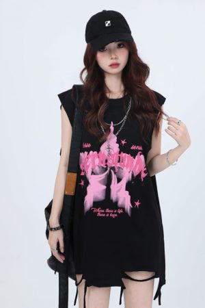 Ripped Star Necklace Sleeveless T-Shirt for Women - American High Street Hip-Hop Style, Loose Fit, Trendy Casual Top