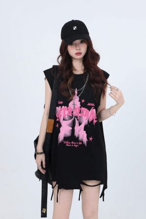 Ripped Star Necklace Sleeveless T-Shirt for Women - American High Street Hip-Hop Style, Loose Fit, Trendy Casual Top