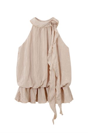 Romantic Floral Layered Halter Top with Ribbon Waist-Cinching - Sweet 3D Design Summer Blouse for Women