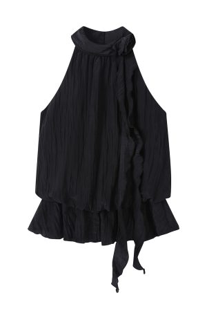 Romantic Floral Layered Halter Top with Ribbon Waist-Cinching - Sweet 3D Design Summer Blouse for Women