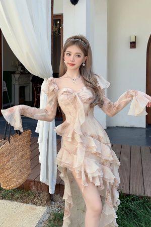 Romantic Gradient Ruffled Hem Dress with Three-Dimensional Texture - Short Front Long Back Flowing Style for Elegant Occasions