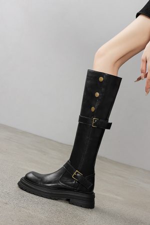 Round Toe Buckle Knee-High Boots for Women - Floral Design, Thick Sole, Autumn Winter Commuting Style 2025