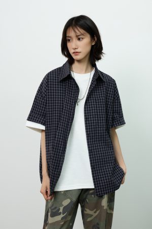 Royal Blue Check Short-Sleeve Shirt for Summer - Unisex Loose Casual Jacket in Lazy Style, Perfect for 90s and Y2K Inspired Outfits