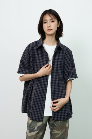 Royal Blue Check Short-Sleeve Shirt for Summer - Unisex Loose Casual Jacket in Lazy Style, Perfect for 90s and Y2K Inspired Outfits