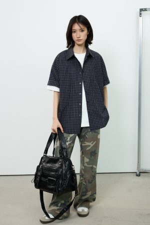 Royal Blue Check Short-Sleeve Shirt for Summer - Unisex Loose Casual Jacket in Lazy Style, Perfect for 90s and Y2K Inspired Outfits