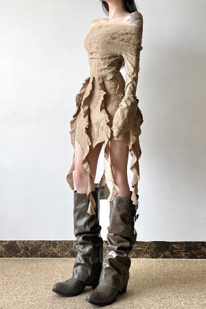 Ruffled Tassel Distressed Light Denim Off-Shoulder Mini Skirt for Women - Boho Chic Wasteland Wanderer Style