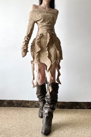 Ruffled Tassel Distressed Light Denim Off-Shoulder Mini Skirt for Women - Boho Chic Wasteland Wanderer Style