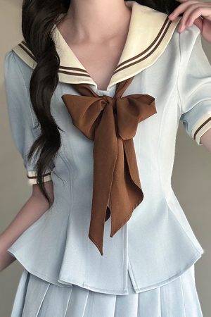 Ruffled Women's Summer JK Uniform Sailor Suit in Purple - College Style Waist-Defined Short Sleeve Set