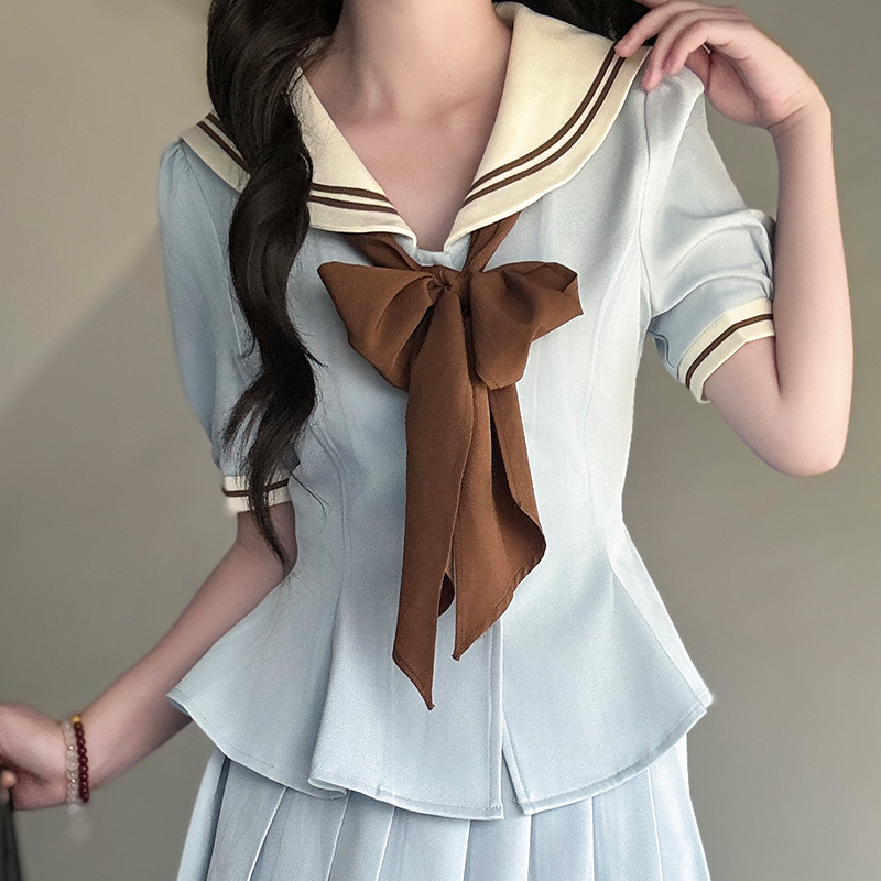 Ruffled Women's Summer JK Uniform Sailor Suit in Purple - College Style Waist-Defined Short Sleeve Set Ruffled Women's Summer JK Uniform Sailor Suit in Purple - College Style Waist-Defined Short Sleeve Set