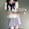 Ruffled Women's Summer JK Uniform Sailor Suit in Purple - College Style Waist-Defined Short Sleeve Set