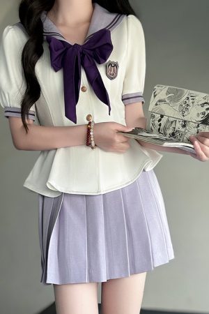 Ruffled Women's Summer JK Uniform Sailor Suit in Purple - College Style Waist-Defined Short Sleeve Set