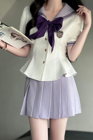 Ruffled Women's Summer JK Uniform Sailor Suit in Purple - College Style Waist-Defined Short Sleeve Set