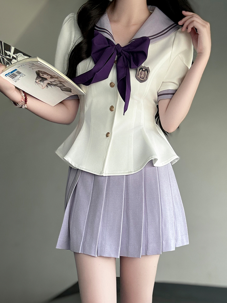 Ruffled Women's Summer JK Uniform Sailor Suit in Purple - College Style Waist-Defined Short Sleeve Set Ruffled Women's Summer JK Uniform Sailor Suit in Purple - College Style Waist-Defined Short Sleeve Set