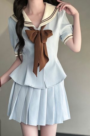 Ruffled Women's Summer JK Uniform Sailor Suit in Purple - College Style Waist-Defined Short Sleeve Set