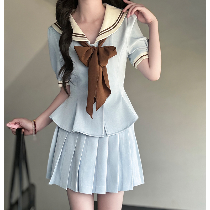 Ruffled Women's Summer JK Uniform Sailor Suit in Purple - College Style Waist-Defined Short Sleeve Set Ruffled Women's Summer JK Uniform Sailor Suit in Purple - College Style Waist-Defined Short Sleeve Set