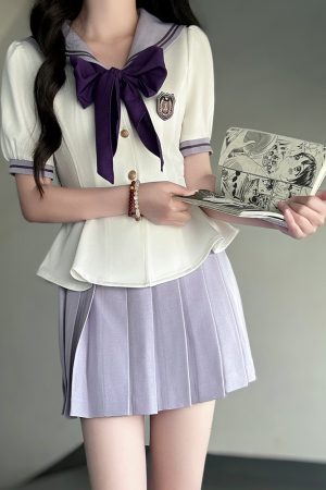 Ruffled Women's Summer JK Uniform Sailor Suit in Purple - College Style Waist-Defined Short Sleeve Set