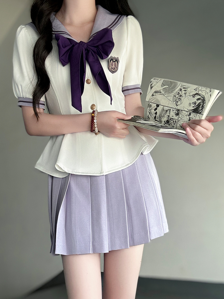 Ruffled Women's Summer JK Uniform Sailor Suit in Purple - College Style Waist-Defined Short Sleeve Set Ruffled Women's Summer JK Uniform Sailor Suit in Purple - College Style Waist-Defined Short Sleeve Set