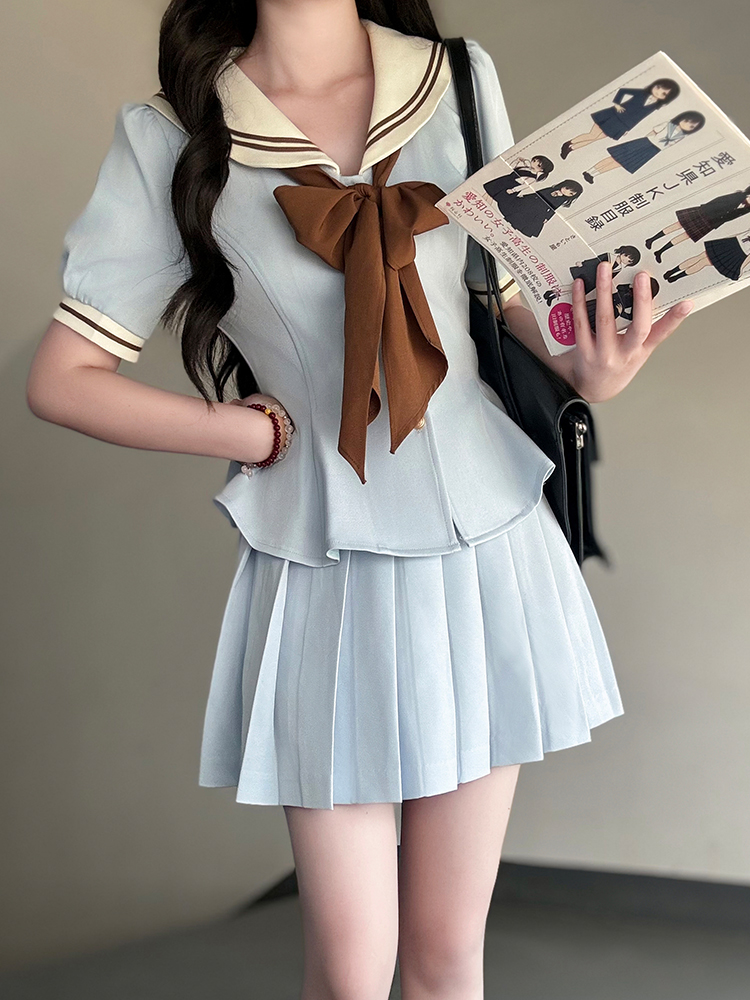 Ruffled Women's Summer JK Uniform Sailor Suit in Purple - College Style Waist-Defined Short Sleeve Set Ruffled Women's Summer JK Uniform Sailor Suit in Purple - College Style Waist-Defined Short Sleeve Set