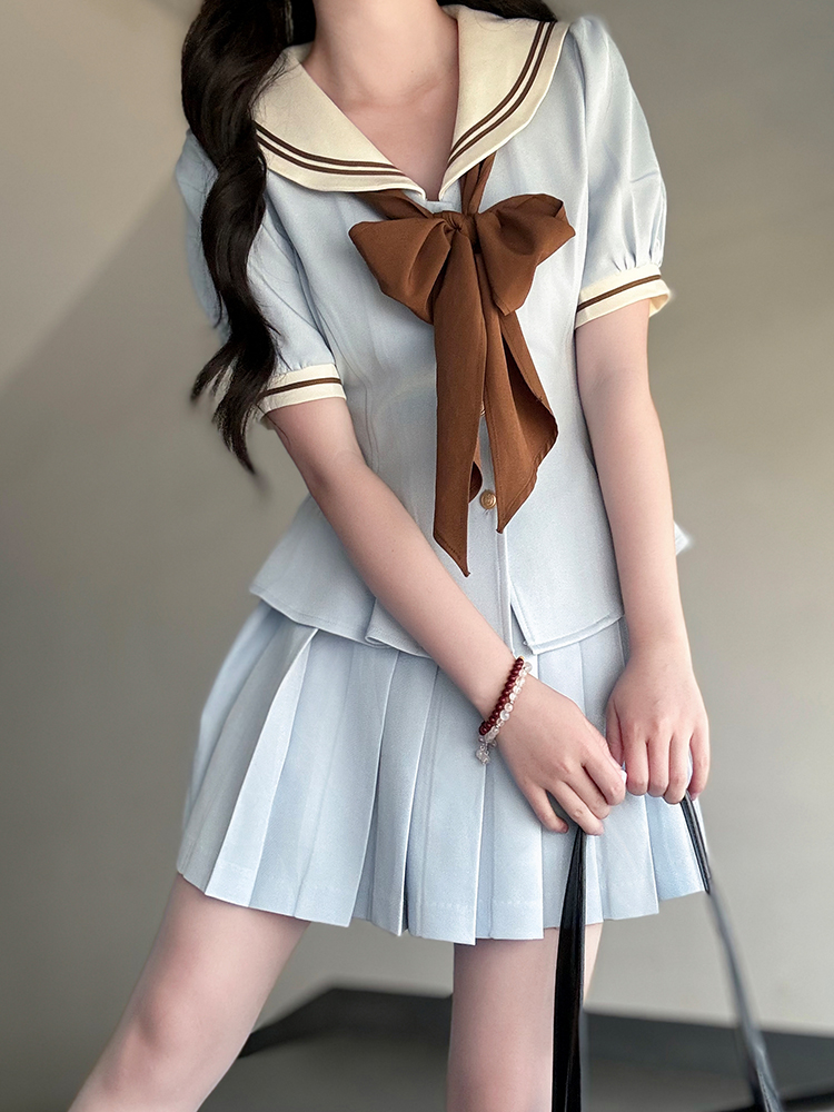 Ruffled Women's Summer JK Uniform Sailor Suit in Purple - College Style Waist-Defined Short Sleeve Set Ruffled Women's Summer JK Uniform Sailor Suit in Purple - College Style Waist-Defined Short Sleeve Set