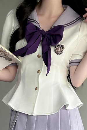 Ruffled Women's Summer JK Uniform Sailor Suit in Purple - College Style Waist-Defined Short Sleeve Set