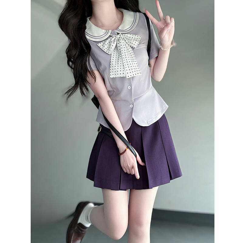 Sailor Suit Set for Women - Pudding Bear Original JK Uniform, Waist-Adjusting Shirt, Summer Short Sleeve, College Style, Cute Aesthetic Sailor Suit Set for Women - Pudding Bear Original JK Uniform, Waist-Adjusting Shirt, Summer Short Sleeve, College Style, Cute Aesthetic